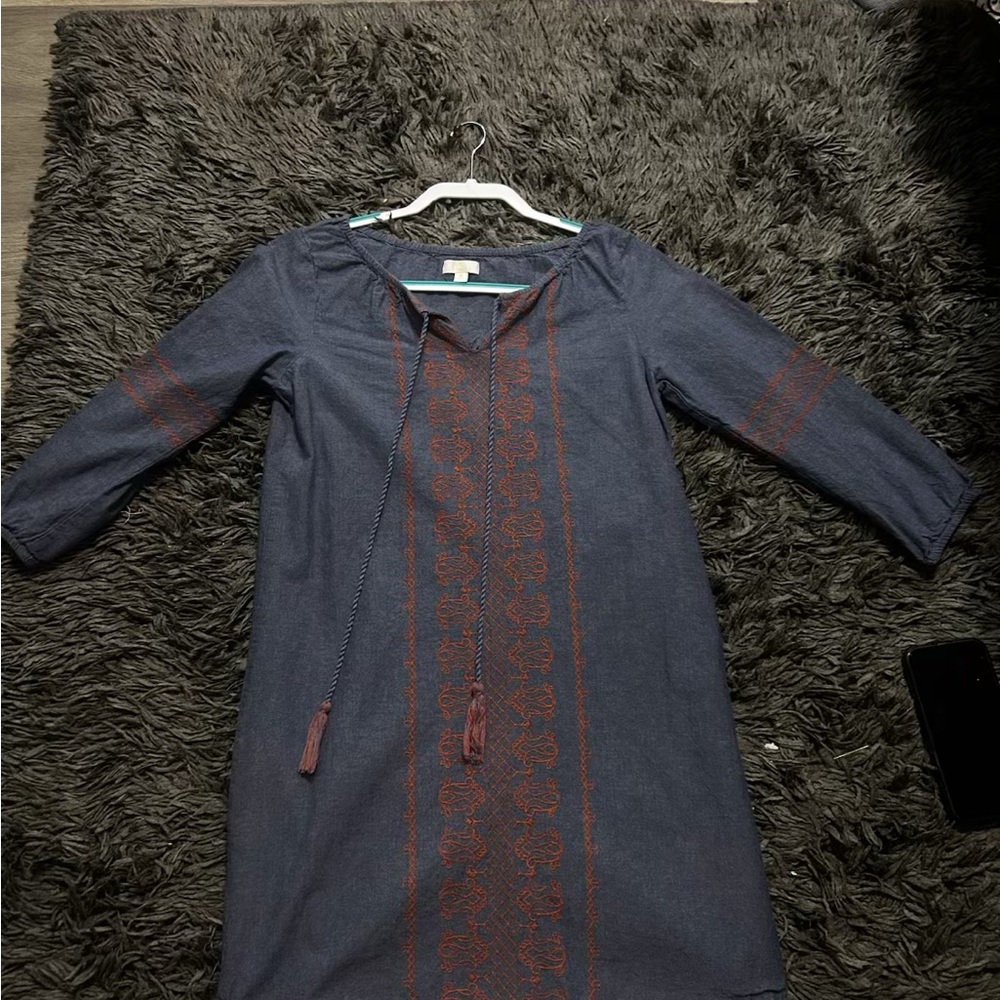 Chic Blue Dress with Red Embroidery